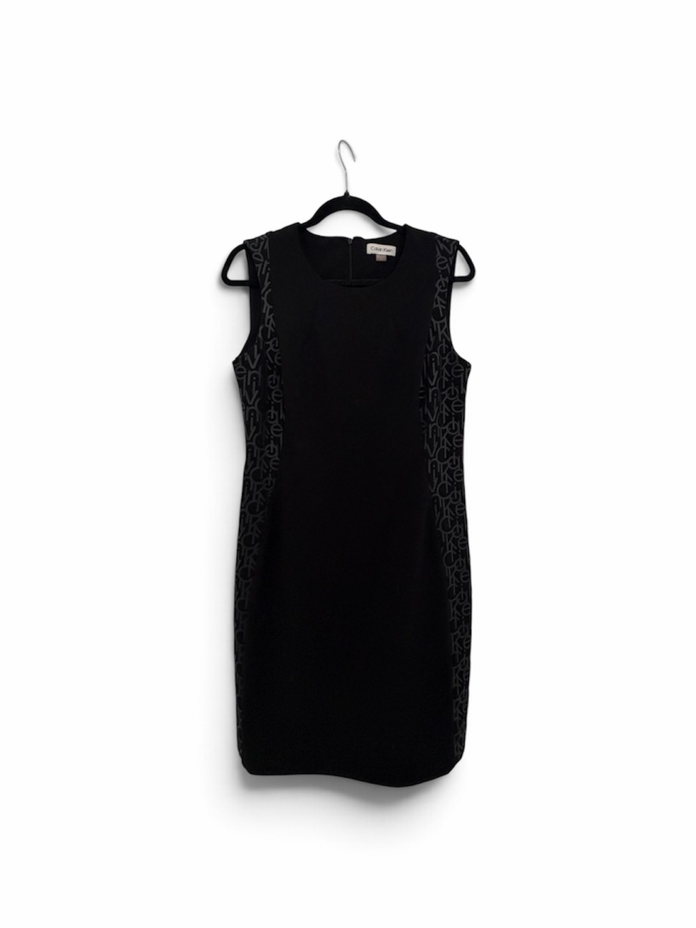 Calvin Klein Black Sleeveless Midi Sheath Dress with Logo-Print Panels